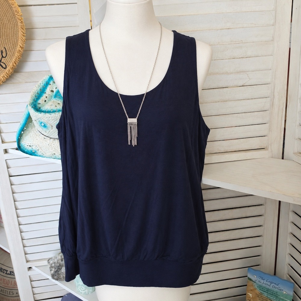 AB Studio Women XL Navy Blue Sleeveless Top Built-in Fringe Necklace Banded Hem